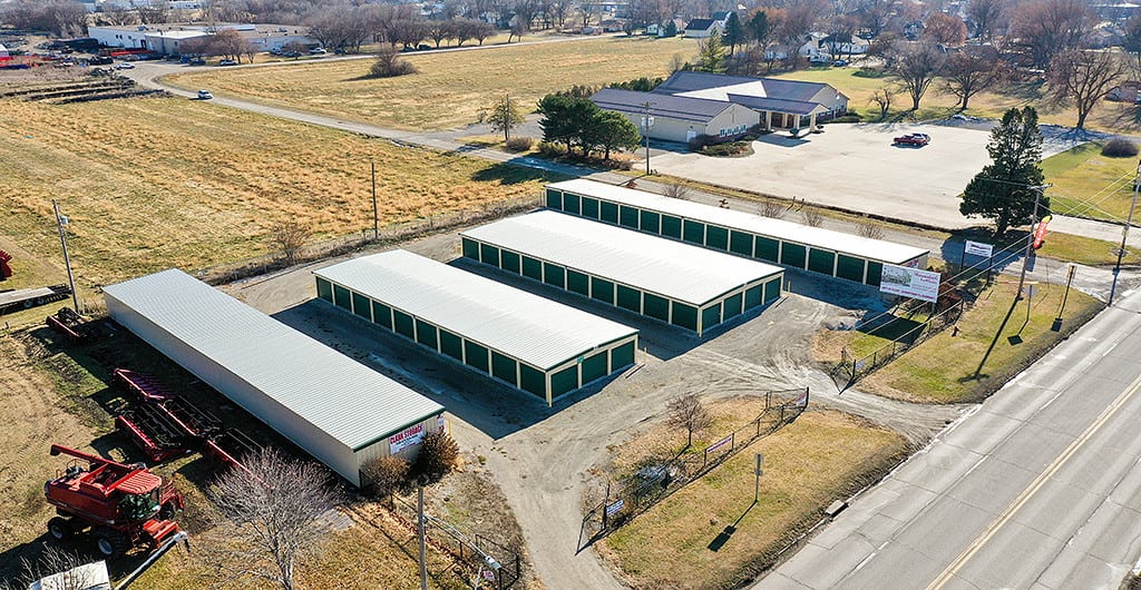 Aerial view of storage buildings along a roadway